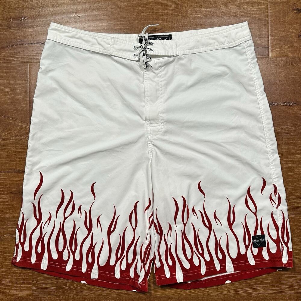 Vintage Third Rail Swim Trunks Men 38 11" White Board Shorts Flames Fire Y2K USA